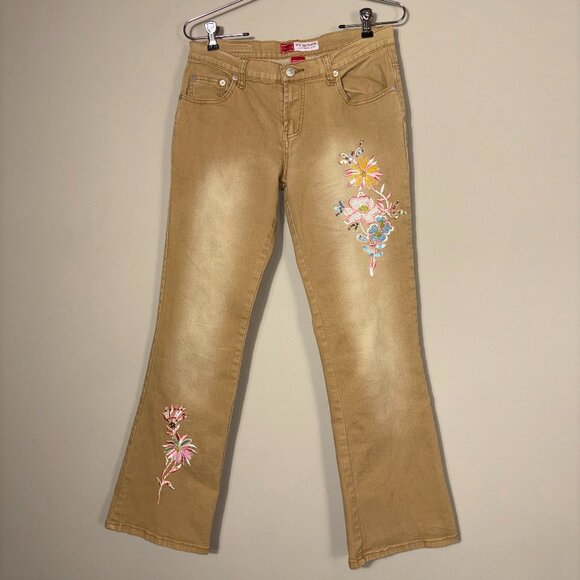 CJ Jeans Tan Bootcut Embroidered Floral Jeans - Size 7 - Picture 1 of 10